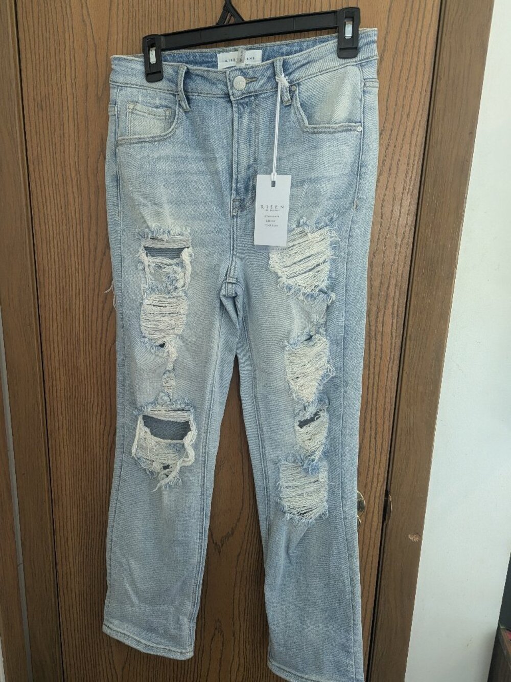 NWT Risen High Rise Straight Leg Light Wash Distressed Jeans Trendy Street 9/29